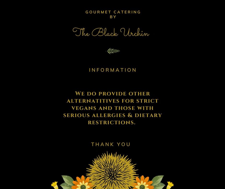 Elegant catering info from The Black Urchin offering vegan and allergy-friendly options.