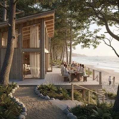 Group dining on a wooden deck by a modern beach house surrounded by trees.
