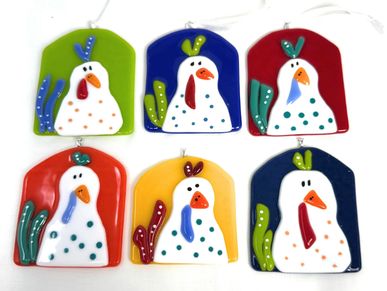 Group of 6 colorful chicken ornaments named "La Cluck"