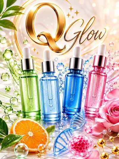 Colorful serum bottles with natural and scientific elements.