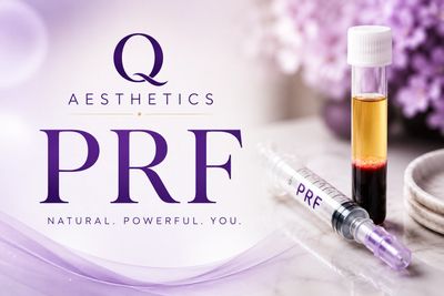 PRF therapy promotion with syringe and blood sample in a calming purple aesthetic.