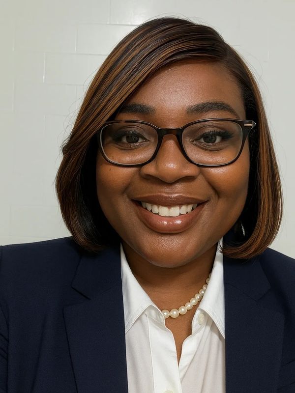 Smiling woman with glasses wearing a navy blazer and pearl necklace.