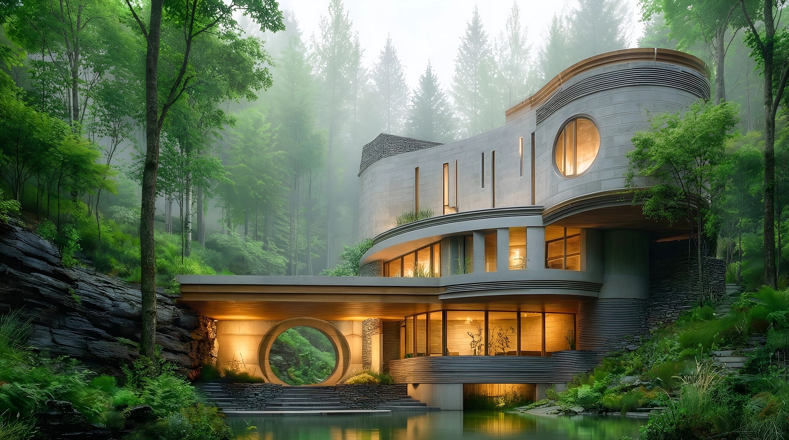 Modern house with curved design nestled in lush forest beside a serene pond at dawn.