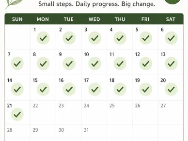 Calendar with daily checkmarks showing consistent progress.