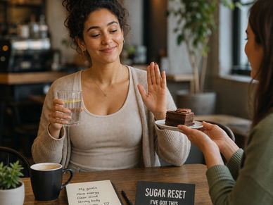 Woman politely refusing chocolate cake, holding water glass.