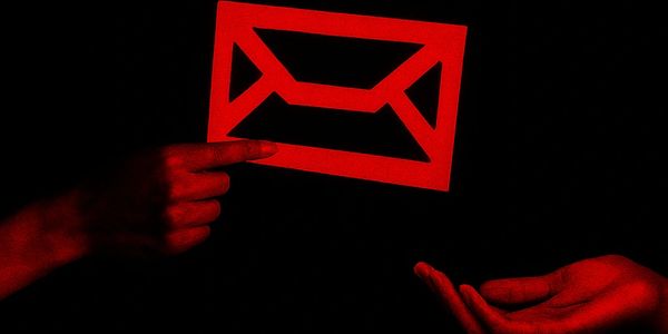 Two red hands exchanging a red envelope symbol on black background.