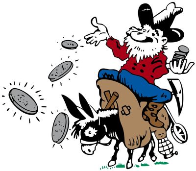 Silver Dollar Fair logo of a cartoon man holding silver coins while on a donkey.