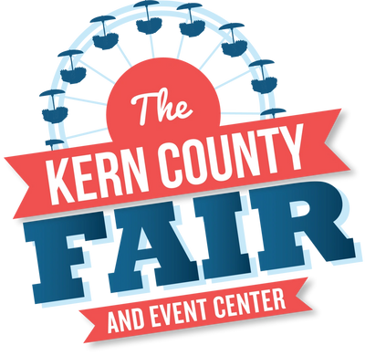 Red and blue Kern County Fair and Event Center logo with ferris wheel background