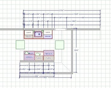 Architectural floor plan with detailed kitchen layout and measurements.