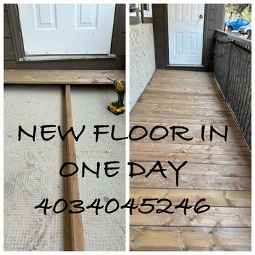 Before and after of a newly installed wooden floor on a porch.