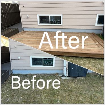 Before and after images of a backyard deck installation beside a house.