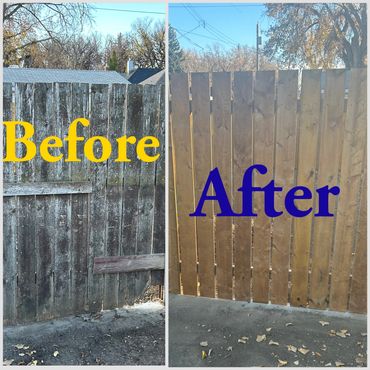 Before and after of a wooden fence restoration showing weathered and renewed panels.