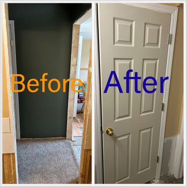 Before and after photos of a door installation in a home renovation project.