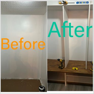 Before and after closet shelving installation with tools on wooden surface.