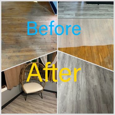 Before and after floor transformation from worn wood to modern gray laminate.