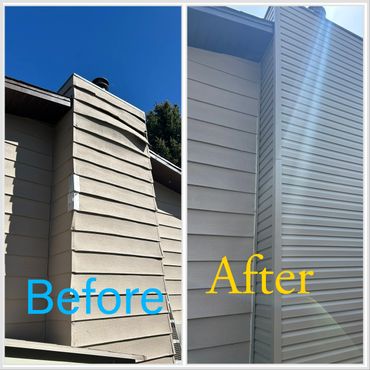 Before and after photos of a house chimney showing siding damage and repair.