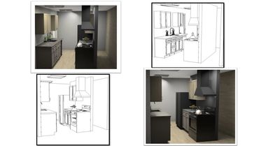 Modern kitchen design with black appliances and wooden cabinets, shown in photo and line art.