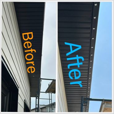 Before and after photos of a roof soffit with added recessed lighting.