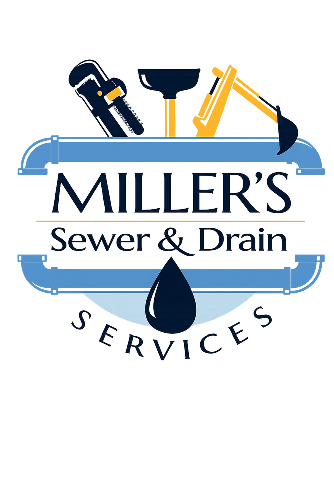 Logo for plumber named Miller's Sewer and Drain surrounded by blue, nay blue, and yellow tools.