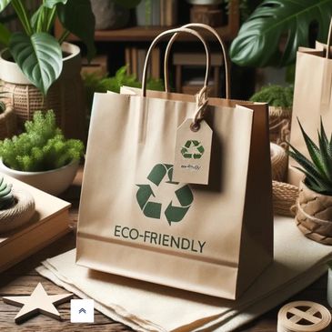 Eco-friendly paper bag with recycling symbol surrounded by plants.