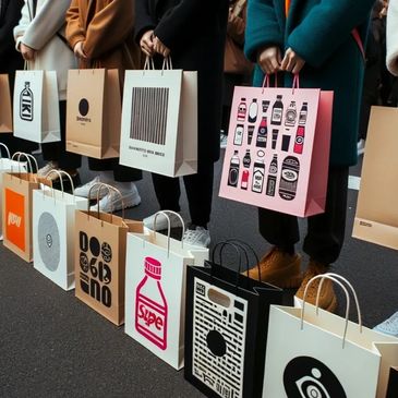 People holding and displaying designer shopping bags with unique graphics.