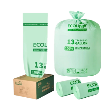 Ecolipak 13-gallon compostable trash bags with packaging and rolls.