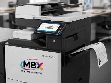 Modern office printer with colorful MBX logo on white panel.