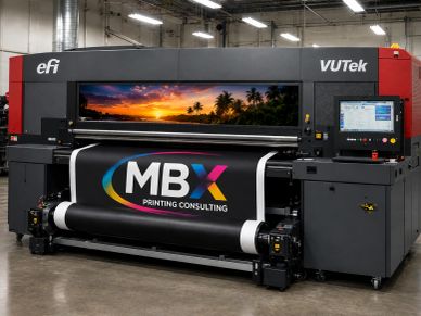 A large industrial printer printing a banner.