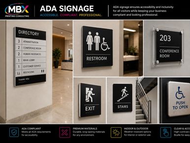 ADA signage for accessibility and compliance in various rooms and facilities.