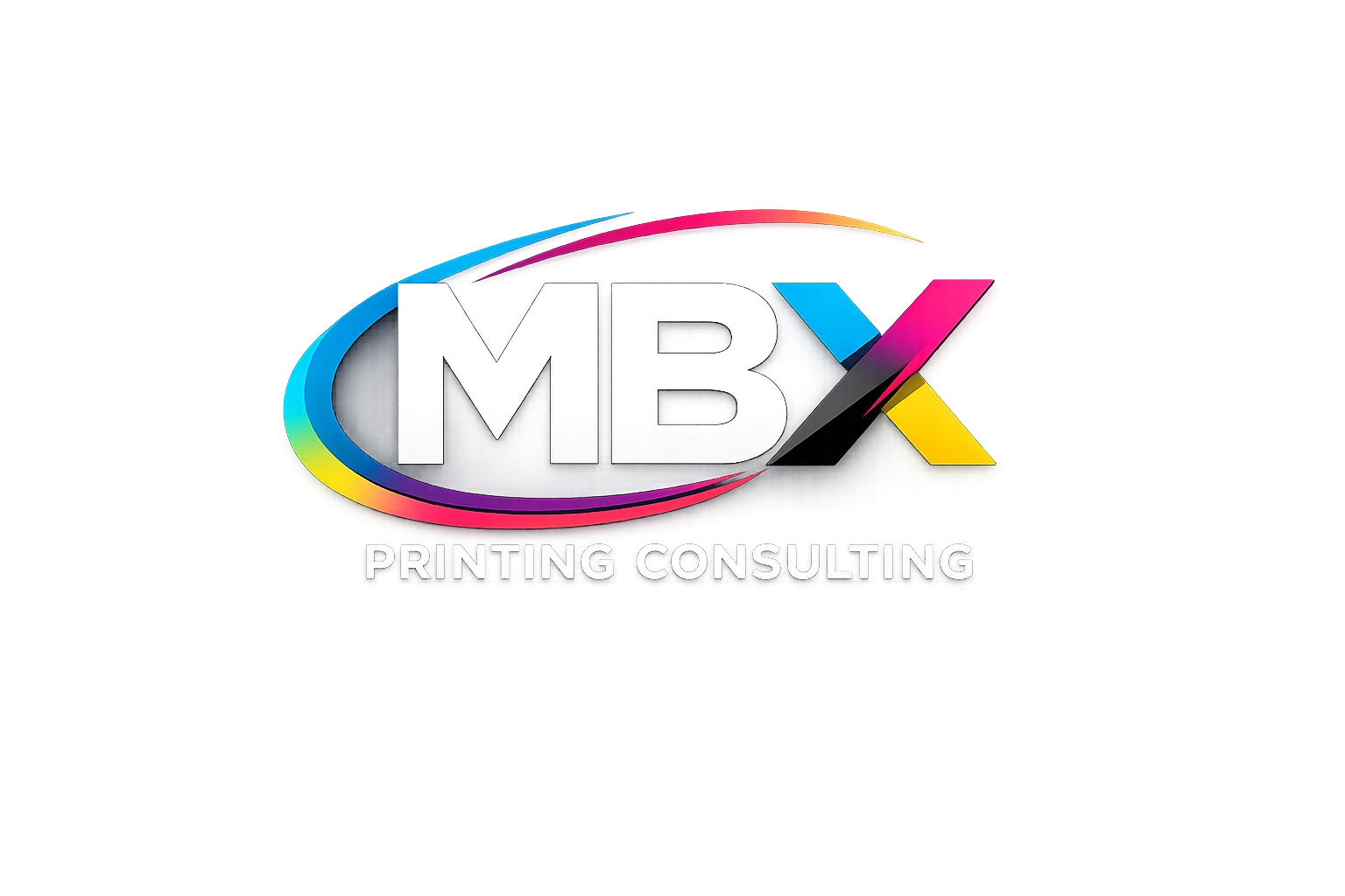 Colorful MBX Printing Consulting logo on a blurry background.