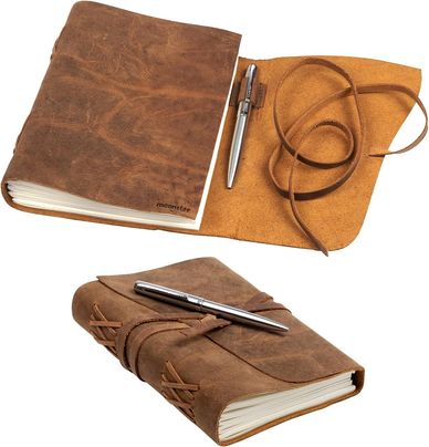 A leatherbound journal with pen, perfect for a fantasy writer, or other vintage journal lover. 