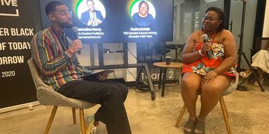 Two speakers discuss storytelling's impact on Juneteenth during a fireside chat.
