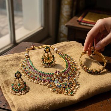 Intricately designed traditional gold jewelry set with colorful stones and pearls.