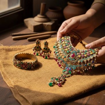 Intricate traditional jewelry set with colorful gemstones on a rustic cloth.