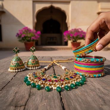 Traditional Indian jewelry with earrings, necklace, and colorful bangles.