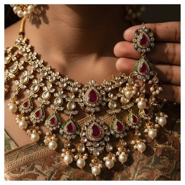 Intricate gold necklace and matching earring with rubies, pearls, and green accents.
