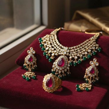 Intricate gold jewelry set with green beads and red gemstones on a maroon velvet display.