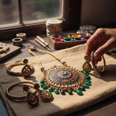 Intricate traditional jewelry pieces with colorful gemstones and gold detailing.