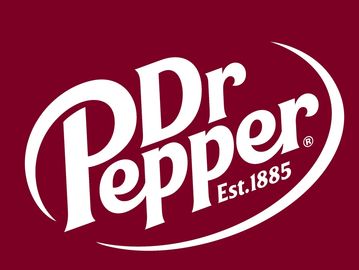Dr Pepper logo with maroon background and white text.
