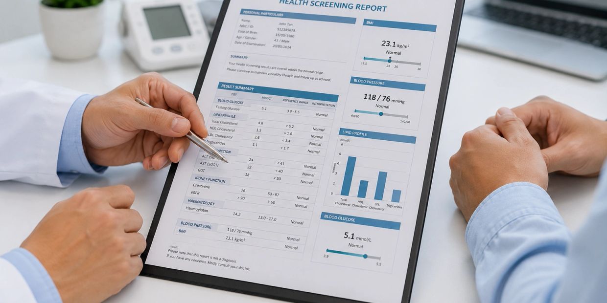 A health screening report with measurements and charts.