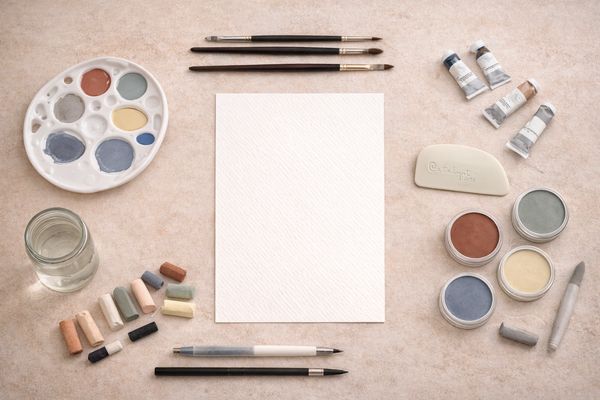 Art supplies neatly arranged around a blank watercolor paper.