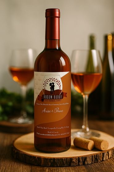 A bottle of Rosom Buddy herbal wine on a wooden slab with wine glasses and corks.