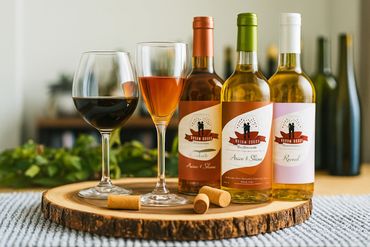 Three wine bottles and two filled wine glasses on a wooden platter with corks.