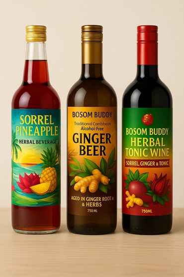 Three bottles of Caribbean herbal beverages with vibrant labels and natural ingredients.