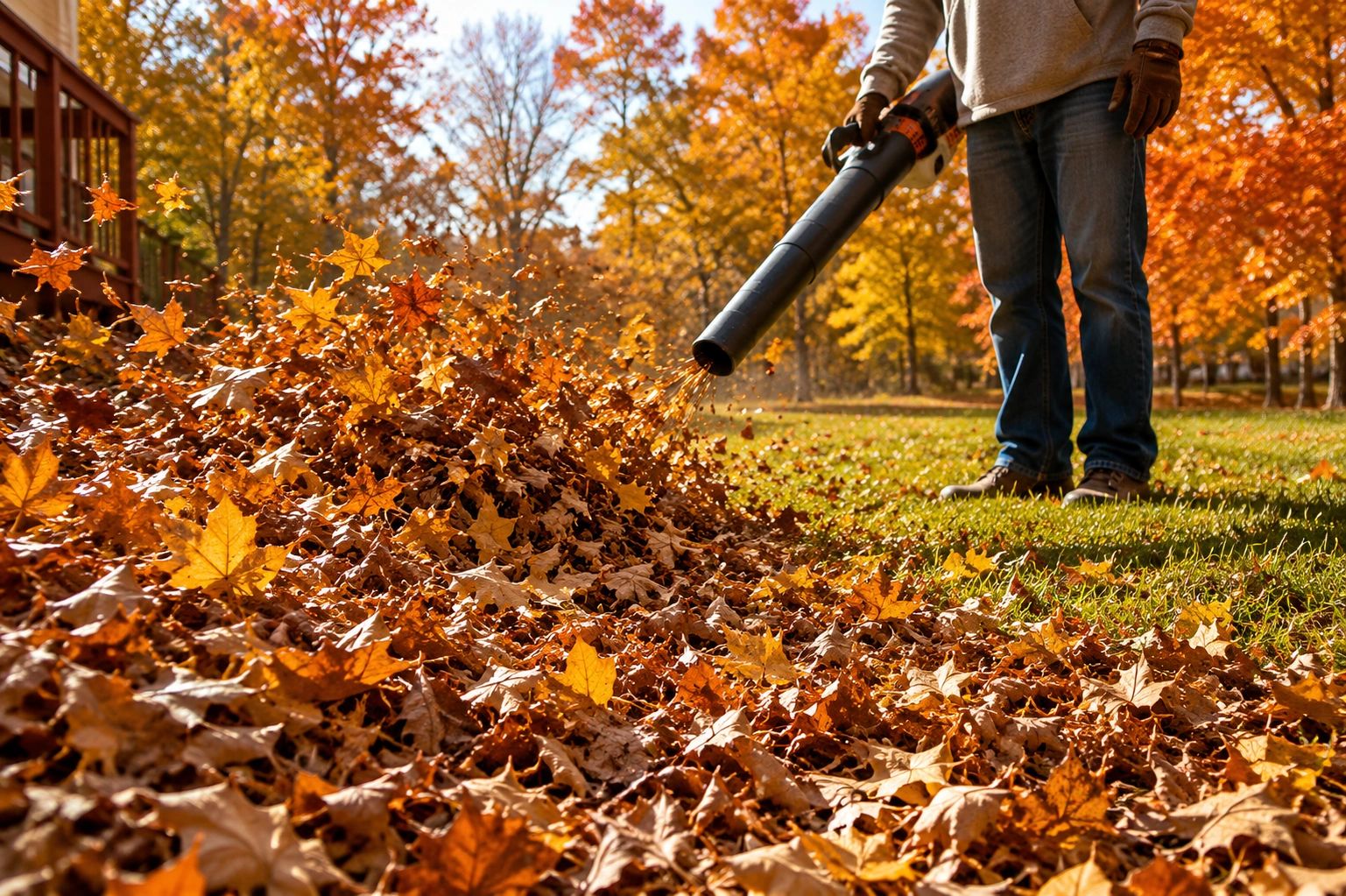 Person using a leaf blower to clear autumn leaves in a yard.