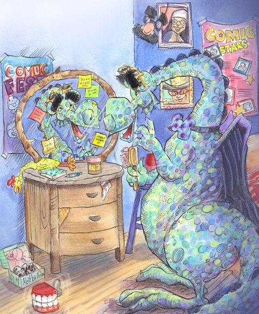 Nickerbacher practices his routine in front of a mirror with a brush as a microphone.