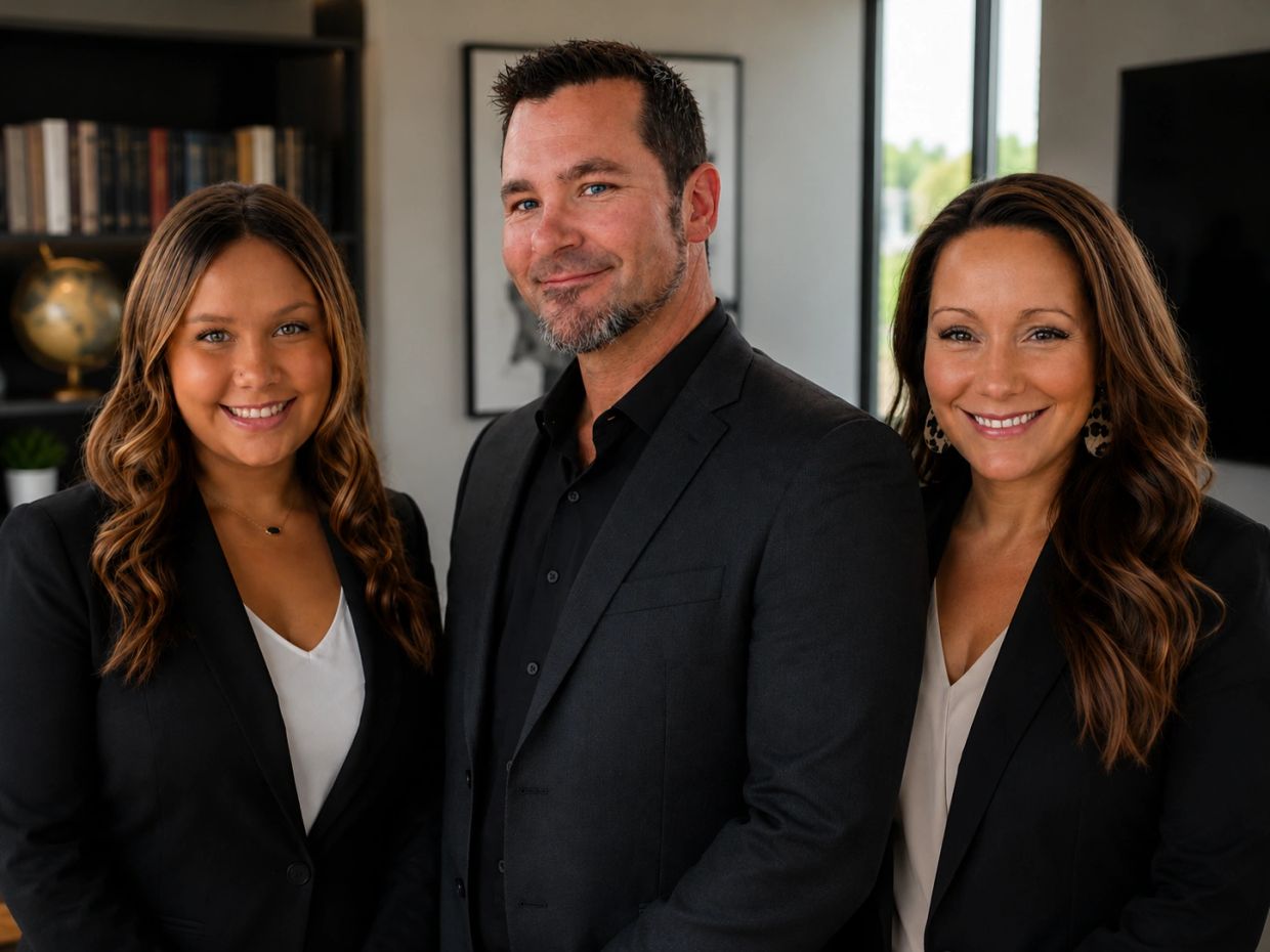 Three business professionals smiling indoors.