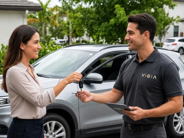 A woman receives car keys from a man in a Vigia uniform beside a silver SUV.