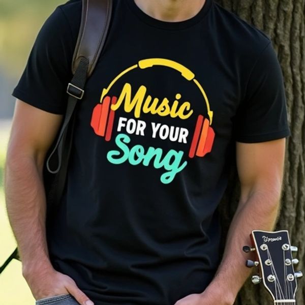 Black t-shirt with colorful "Music For Your Song" text and headphones graphic.