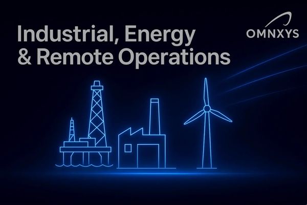 Blue outlines of an oil rig, factory, and wind turbine